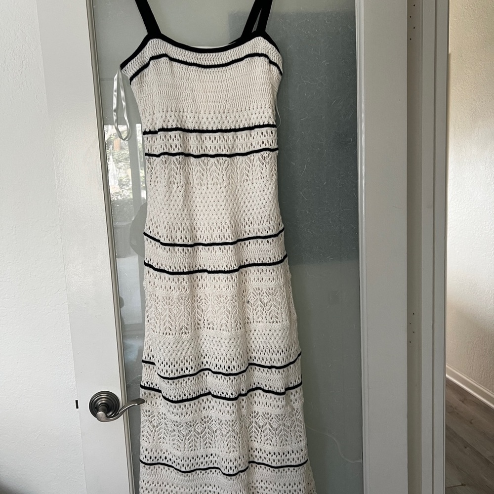 White Crochet Maxi Dress with Black Trim